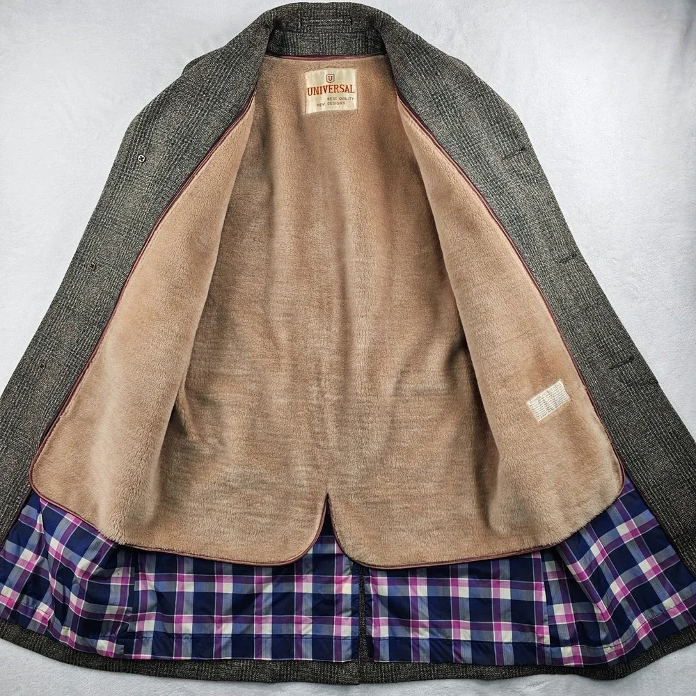 Vtg 80's Universal Tweed Balmacaan Raglan Coat 40S Tartan Plaid Zip Liner Fleck